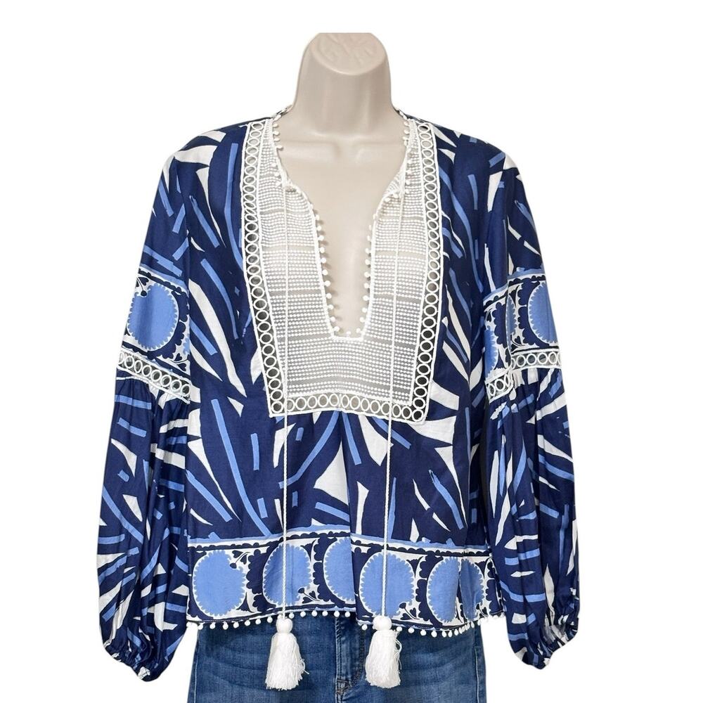 Alexis Ciela Lace Bib Blue Patterned Long-Sleeved Cotton Top Size Medium